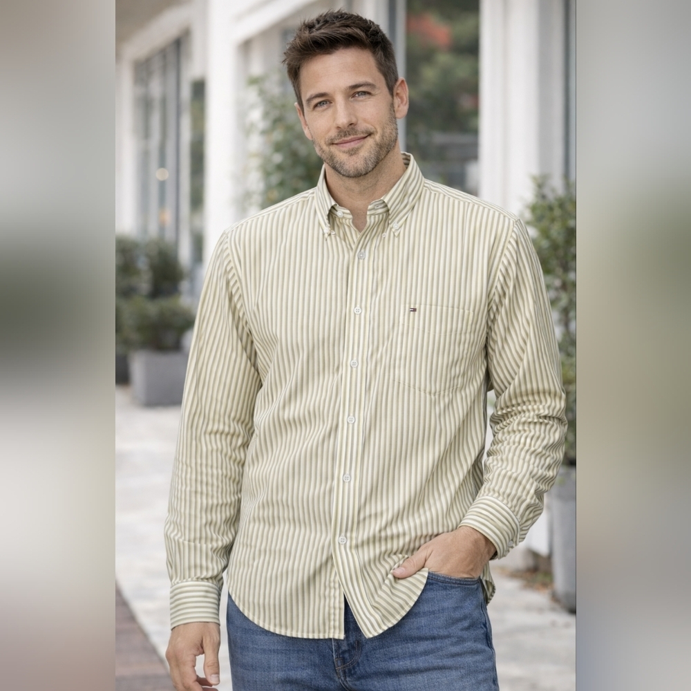 Tommy Hilfiger Olive Striped Button Down Shirt Mens Large Classic Preppy